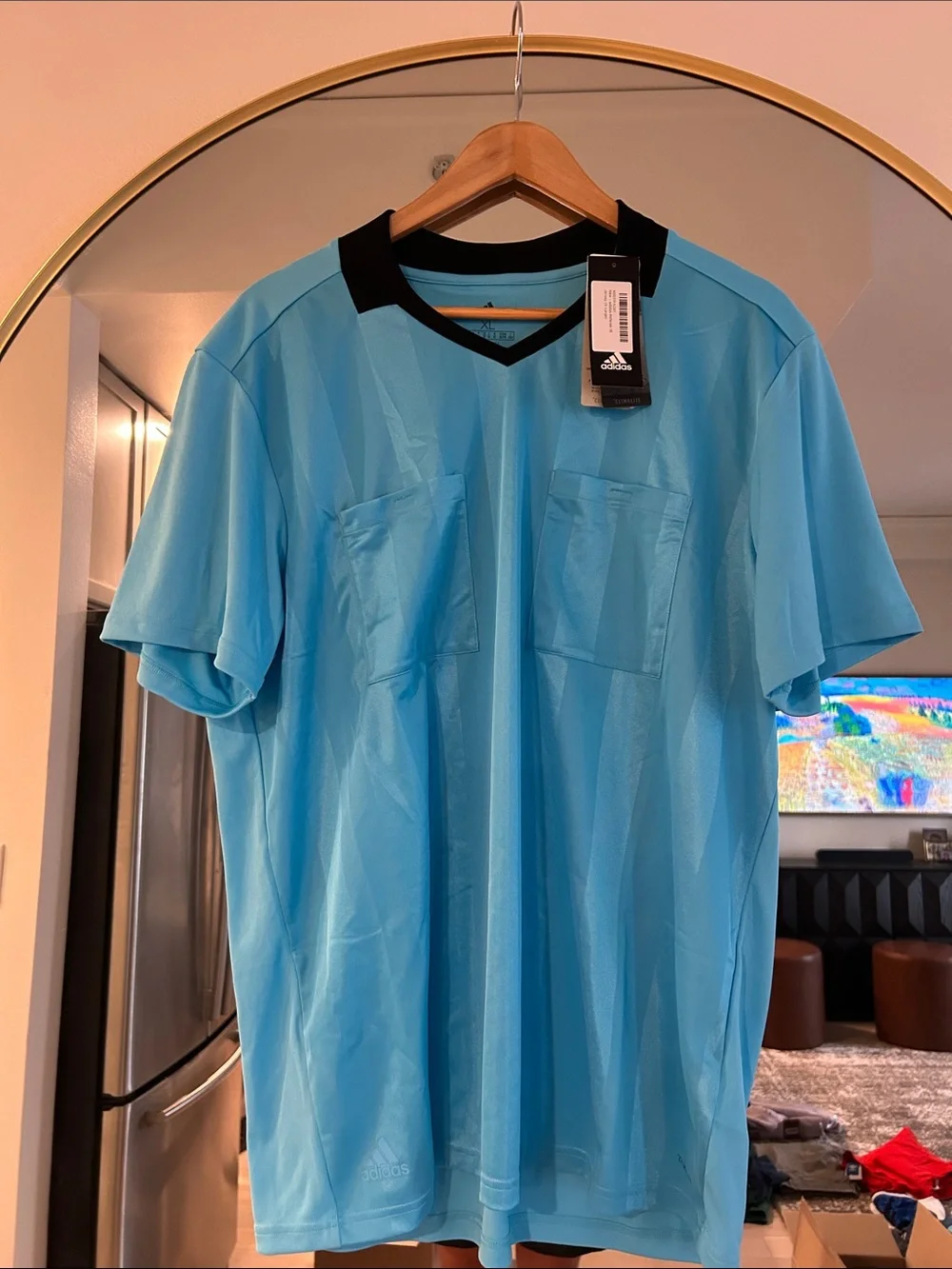 adidas Men’s Aqua Blue Short-Sleeve V-Neck Shirt with Black Trim